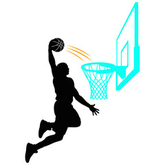 Basketball slam dunk silhouette, player leaping to hoop with motion lines, dynamic action pose, brown black sports vector graphic isolated. © NOTMAN