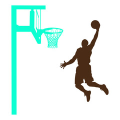 Basketball player dunk silhouette teal outline, jumping to hoop action, dynamic slam dunk pose, sports vector graphic isolated on white. © NOTMAN