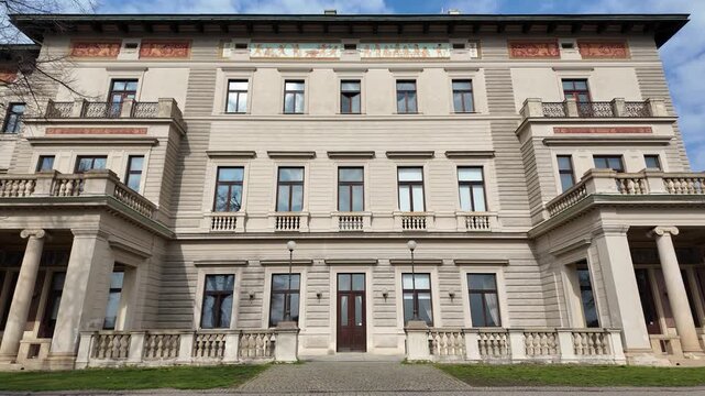 Prague, Czech Republic - March 11, 2026 - Gr&ouml;be Villa in Havlicek Gardens. Elegant building with people and car in winter