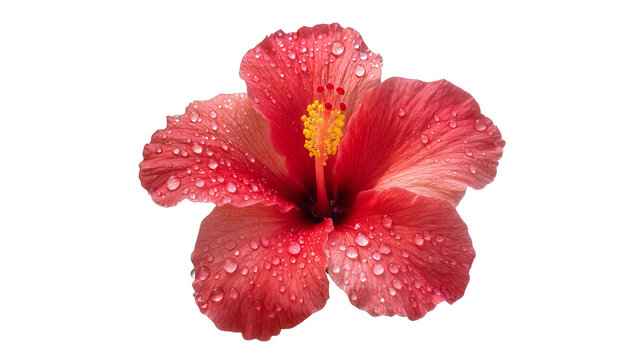 Isolated vibrant red hibiscus flower with fresh water droplets on petals and yellow pistil