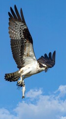 Fototapeta premium A bird of prey flies with a fish against a blue sky