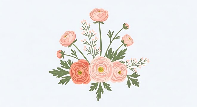 Delicate Pink Floral Bouquet with Green Foliage on Pale Background