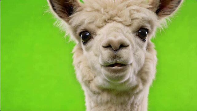Cute Alpaca Face Close Up on Green Screen Background