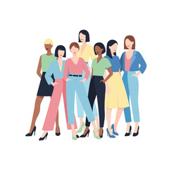Fototapeta premium Diverse group of women standing together, modern fashion, flat illustration