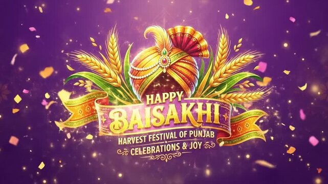 A vibrant graphic illustration celebrating happy baisakhi with a traditional turban, golden wheat, and festive confetti.