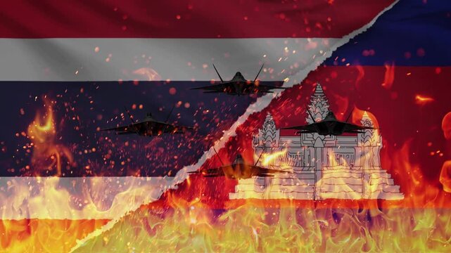 A symbolic digital art depiction of conflict. featuring the flags of Cambodia and Thailand, with fighter jets, war and fire.
