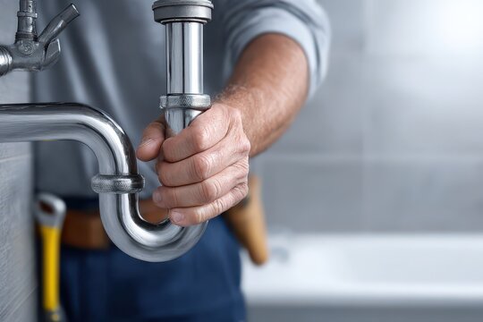 Close-up of a plumber's hand tightening a chrome drainpipe under a sink, ensuring a secure and leak-free connection in a modern bathroom setting, professional repair.