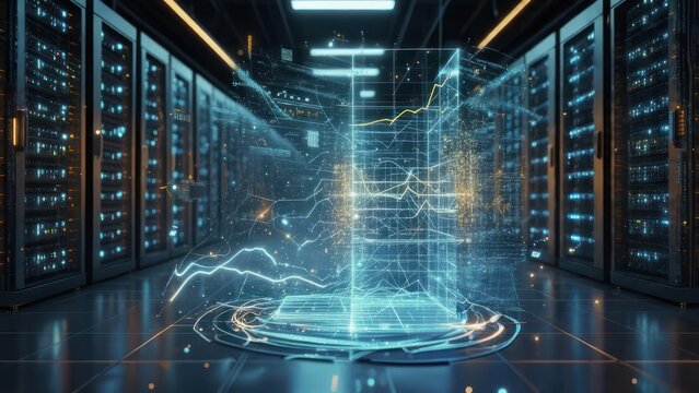 Digital data visualization overlayed in a server room with glowing lines