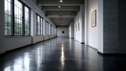 Fototapeta premium An empty modern art gallery hallway with large and a highly reflective polished concrete floor