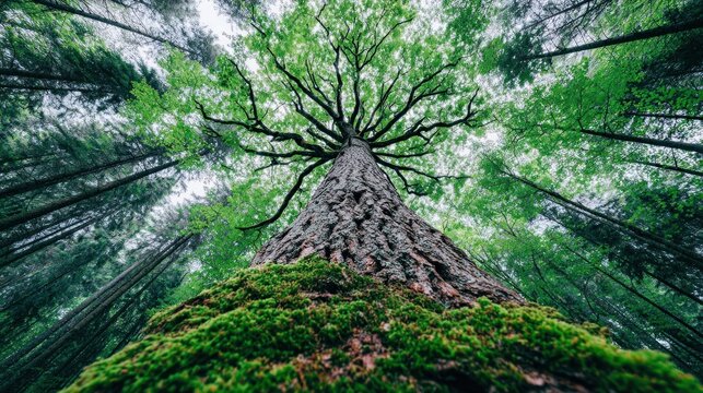 Looking up at a massive ancient tree covered in moss, surrounded by a dense forest canopy