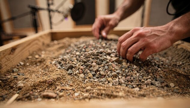 Closeup of carefully layering gravel in a Foley pit granular textures detailed and foregrounded with the rest of the setup artfully blurred.