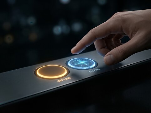 A hand interacts with a dual interface, choosing between offline and digital modes, emphasizing technology.