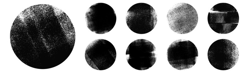 Naklejka premium Grunge rolled ink circle shapes set handmade with brayer. Letterpress vintage rough round stamps, frames, banner templates. Vector illustration isolated on transparent background