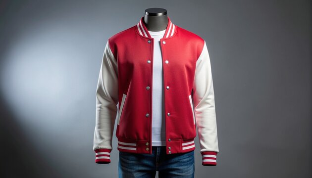 Red and white varsity jacket on a mannequin with blue jeans against a dark background with a spotlight.