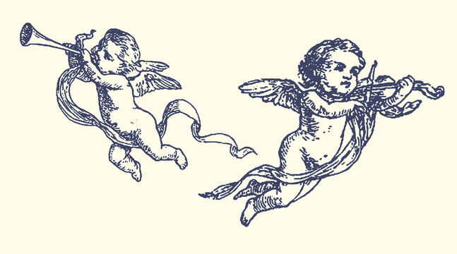 Vintage Engraving of Two Cherubs, One Playing a Trumpet and the Other a Violin, Floating with Ribbons, Antique Musical Illustration