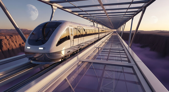 Futuristic high-speed maglev train on a glass bridge crossing a deep canyon on an alien planet with twin moons.