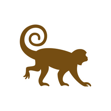 Monkey Silhouette Walking with Curled Tail.