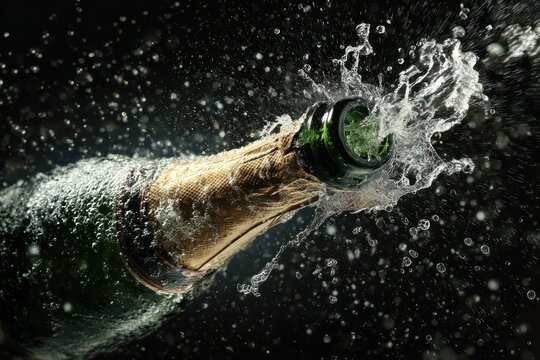Celebration toast with exploding champagne bottle spray
