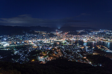 Fototapeta premium Magical hour night view of Nagasaki city and harbor from Mount Inasa.