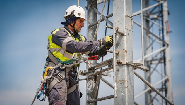 Certified rigger in safety harness methodically tightening bolts on a broadcast tower ladder clear emphasis on the worker and ladder with a bright blue sky subtly blurred behind.