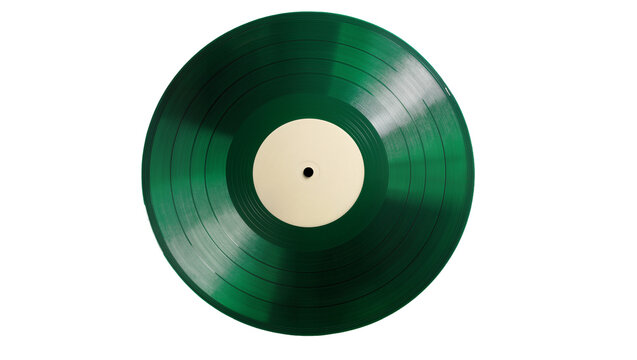 Isolated green vinyl record with blank beige label, classic retro musical audio entertainment