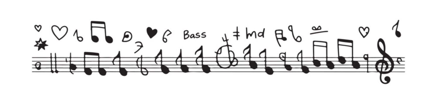 Music doodle set with handwritten notes treble clef and bass clef stars hearts