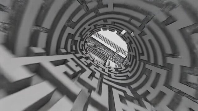 Abstract 3D maze with rolling sphere, conceptualizing challenge and solution