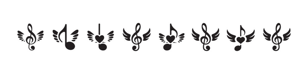 Fototapeta premium Musical notes with wings and hearts for creative design, vector illustration