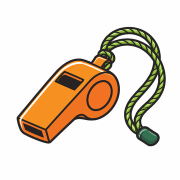 Vibrant orange referee whistle with green cord on white background for sports officials and referees worldwide