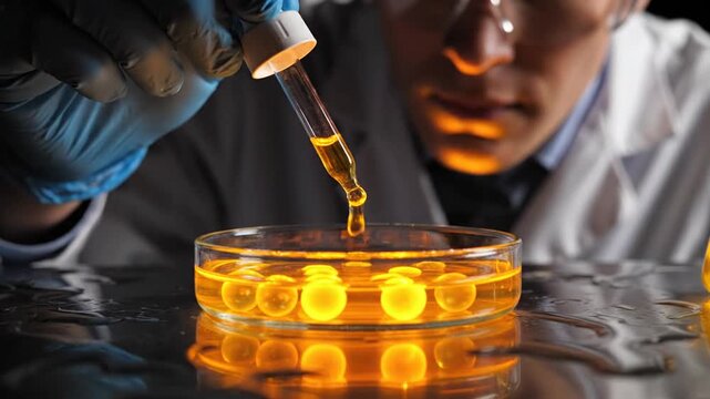 Scientist pouring liquid into a petri dish with yellow agar gel.