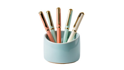 Fototapeta premium Isolated five elegant colorful pens in a light blue ceramic holder for office supplies