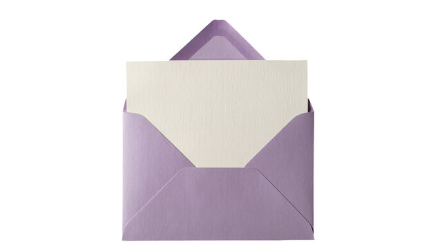 Isolated open purple paper envelope with blank textured off-white card mockup, ready for text