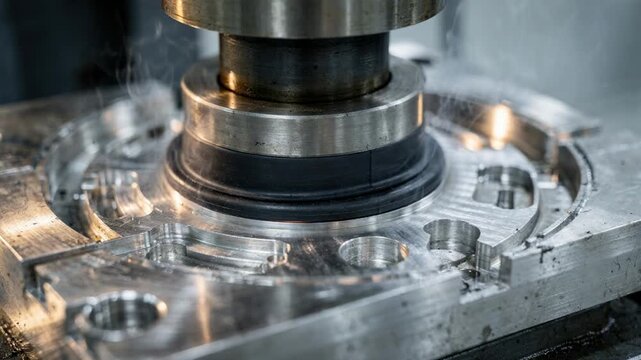 Closeup medium footage showing compression molding of rubber seals as heated press clamps preformed rubber in detailed metal molds emphasizing airtight component production.