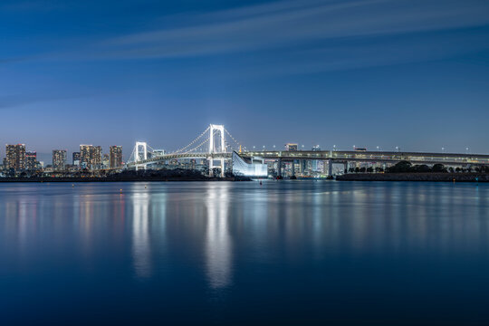 Rainbow Bridge at night, Odaiba, Tokyo, Japan