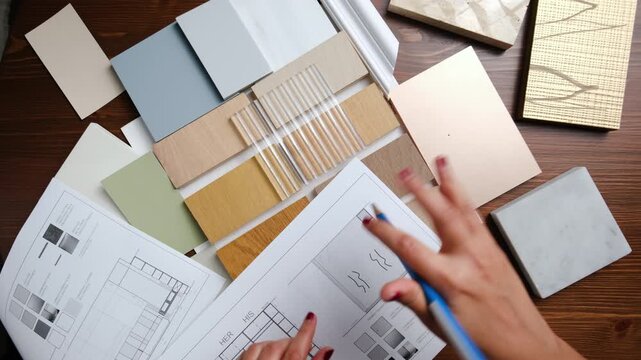 Warm earthy tones palette close up in Interior designer's office 