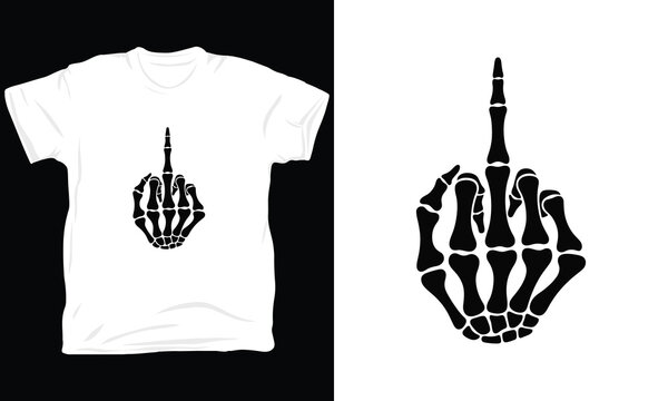Middle finger skeleton hand illustration, black and white vector for t-shirt design