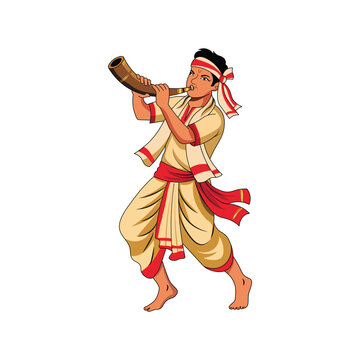 Assamese Bihu Dancer Playing Pepa Horn Vector Illustration, Bohag Bihu Festival Folk Musician