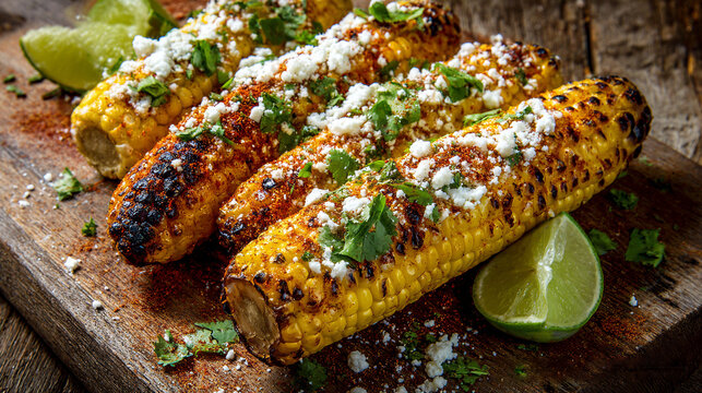 Grilled Mexican street corn Elotes with cotija cheese chili lime and cilantro on a rustic wooden board