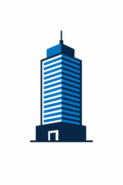 Modern corporate office building with blue and white facade and antenna on top, symbolizing business and finance