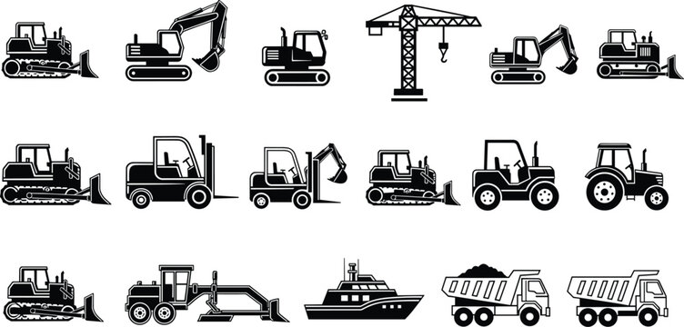 Heavy construction machinery and industrial equipment icons set including excavator bulldozer crane forklift tractor dump truck grader and maritime vessel transport isolated on white