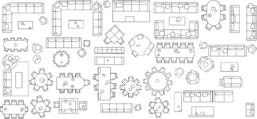 Obraz premium Top view architectural illustration of interior furniture layouts including sofas armchairs coffee tables and dining tables perfect for residential commercial design and planning applications
