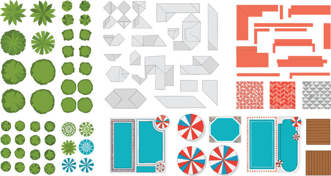 Top view illustration of architectural and landscape design elements including trees roofs pools furniture textures and patterns perfect for 