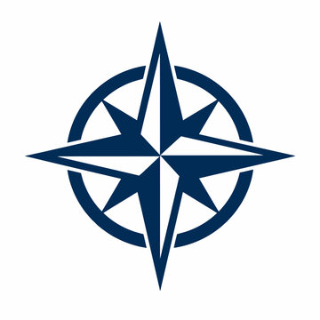 A navy blue compass rose symbol on a white background used for navigation and direction