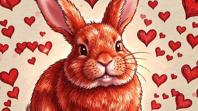 Cute cartoon bunny surrounded by red hearts, animated illustration, love symbol, spring concept