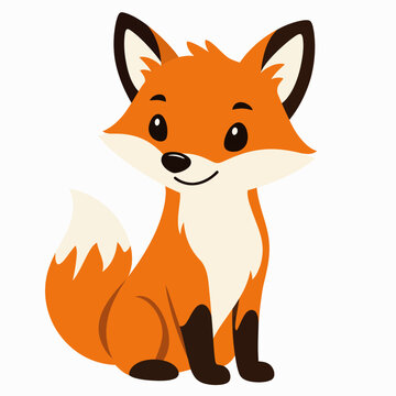 Cute cartoon fox with orange fur and white chest sitting on white background, looking friendly and approachable with big eyes and smile