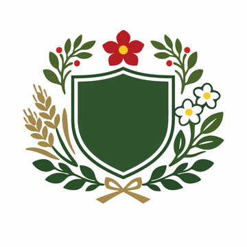Green shield emblem with floral wreath and ribbon on white background