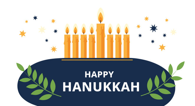 Festive Hanukkah greeting banner features a menorah with nine lit candles, golden stars, and olive branches on a dark blue background.