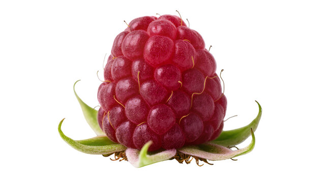 Isolated juicy red raspberry with green calyx, perfectly ripe and sweet summer fruit.