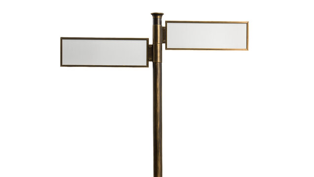 Isolated vintage bronze direction signpost with two empty rectangular signs for custom text.