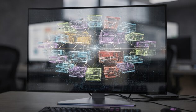 Focused screen displaying translation rights metadata on a blockchain platform set against an outoffocus workspace emphasizing decentralized rights handling.